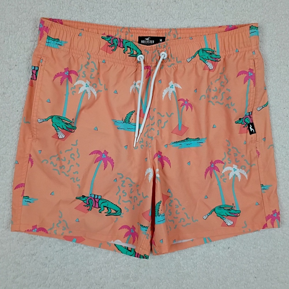 Hollister Swim Trunks Mens Medium Orange Alligator Palm Tree Print Board Shorts